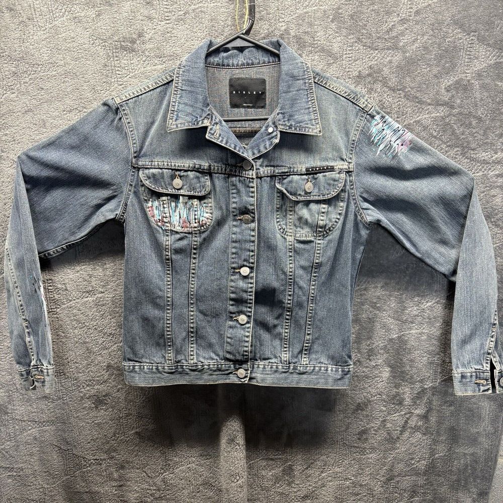 Vintage‎ Sisley Denim Jacket Women M Splatter 2-Pocket Italian Trucker Italy
